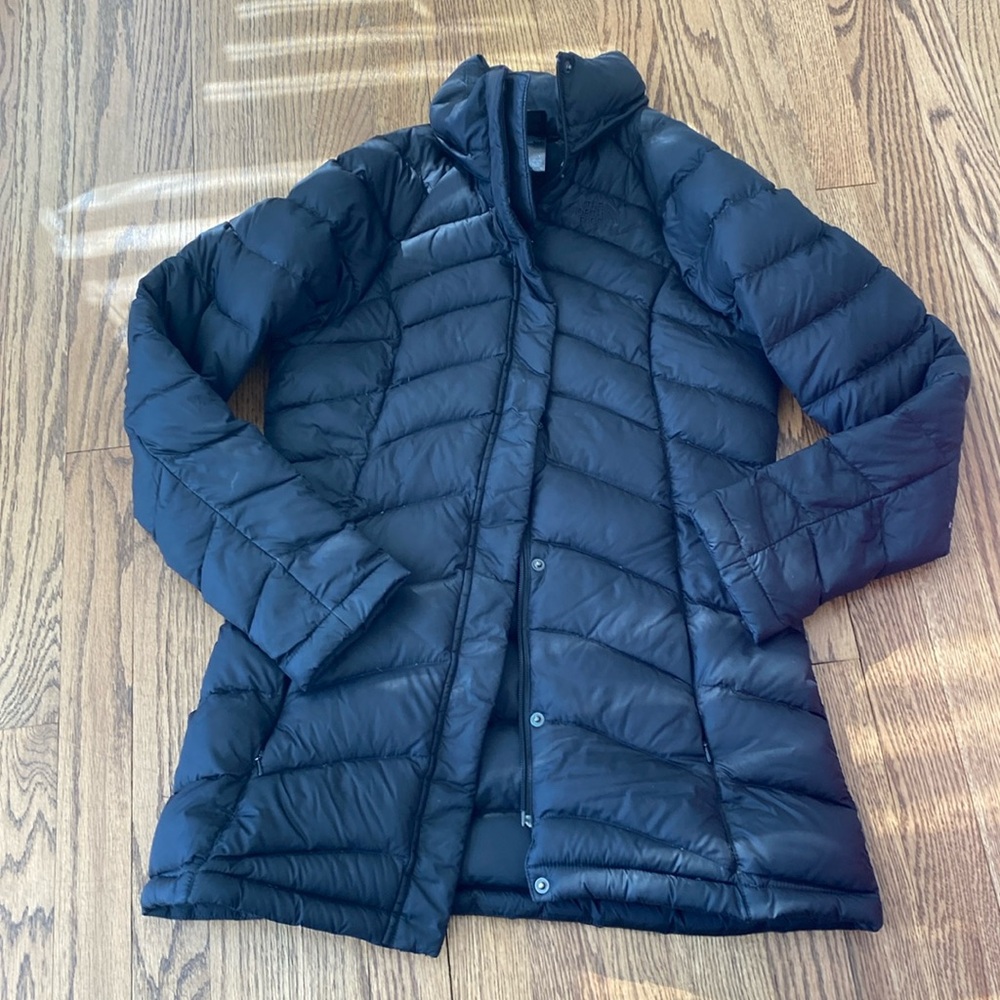 XS black north face mid length coat, missing hood